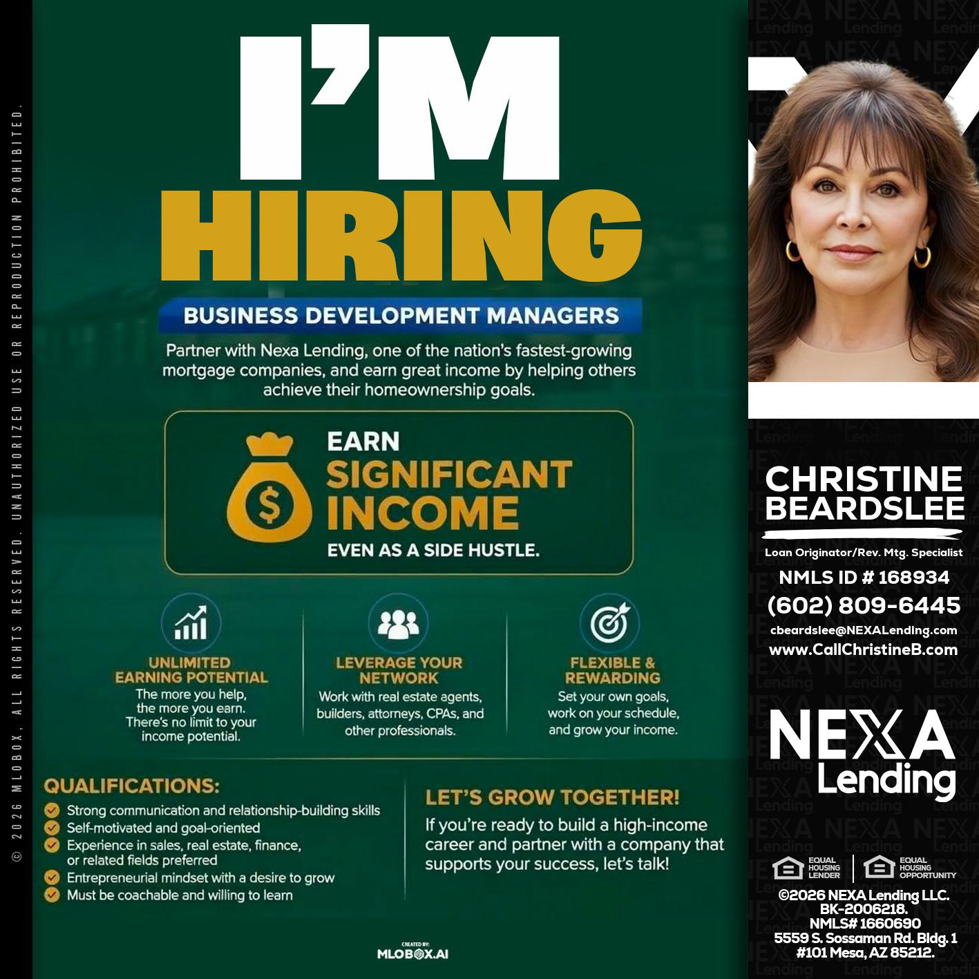 IM HIRING - Christine Beardslee -MLO/Executive Partner/National Recruiter/Faster/Easier/Better Rates