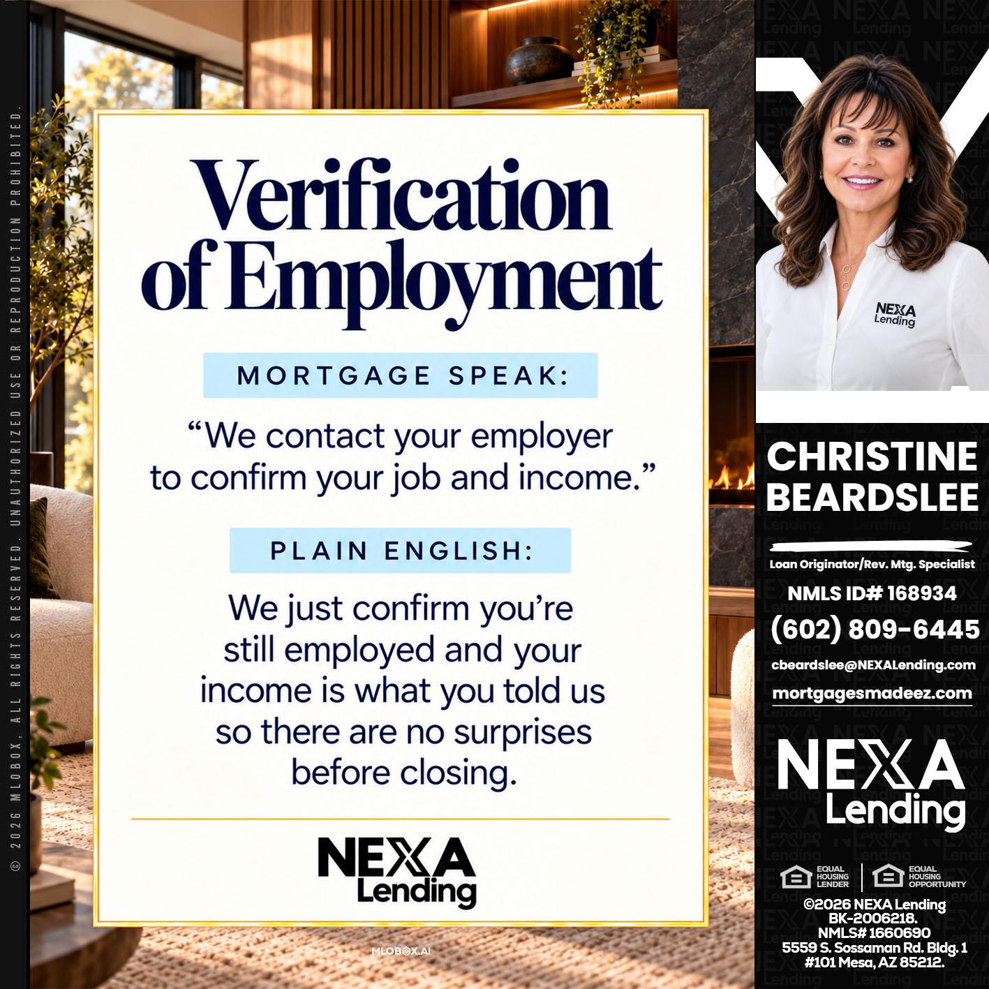 VERIFICATION OF EMPLOYMENT - Christine Beardslee -MLO/Executive Partner/National Recruiter/Faster/Easier/Better Rates